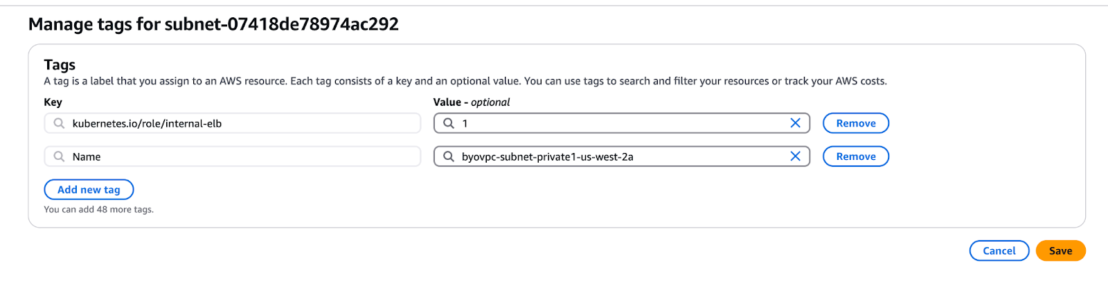 Теги подсети VPC для BYOC