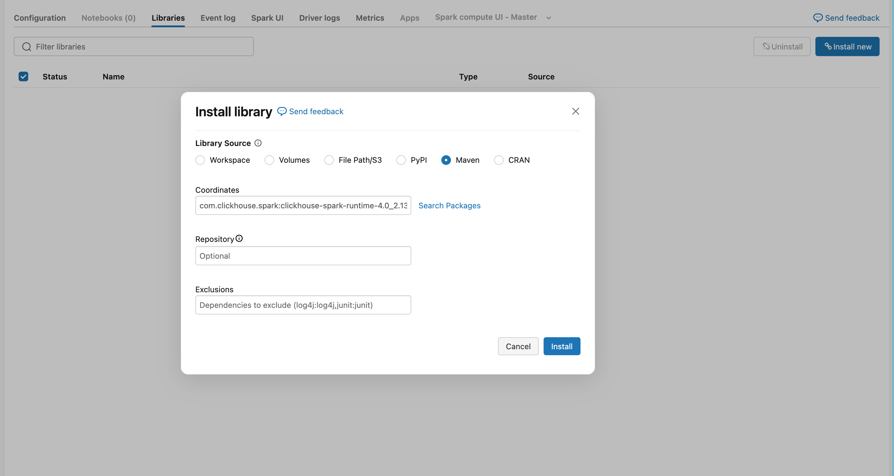 Настройка библиотек Maven в Databricks