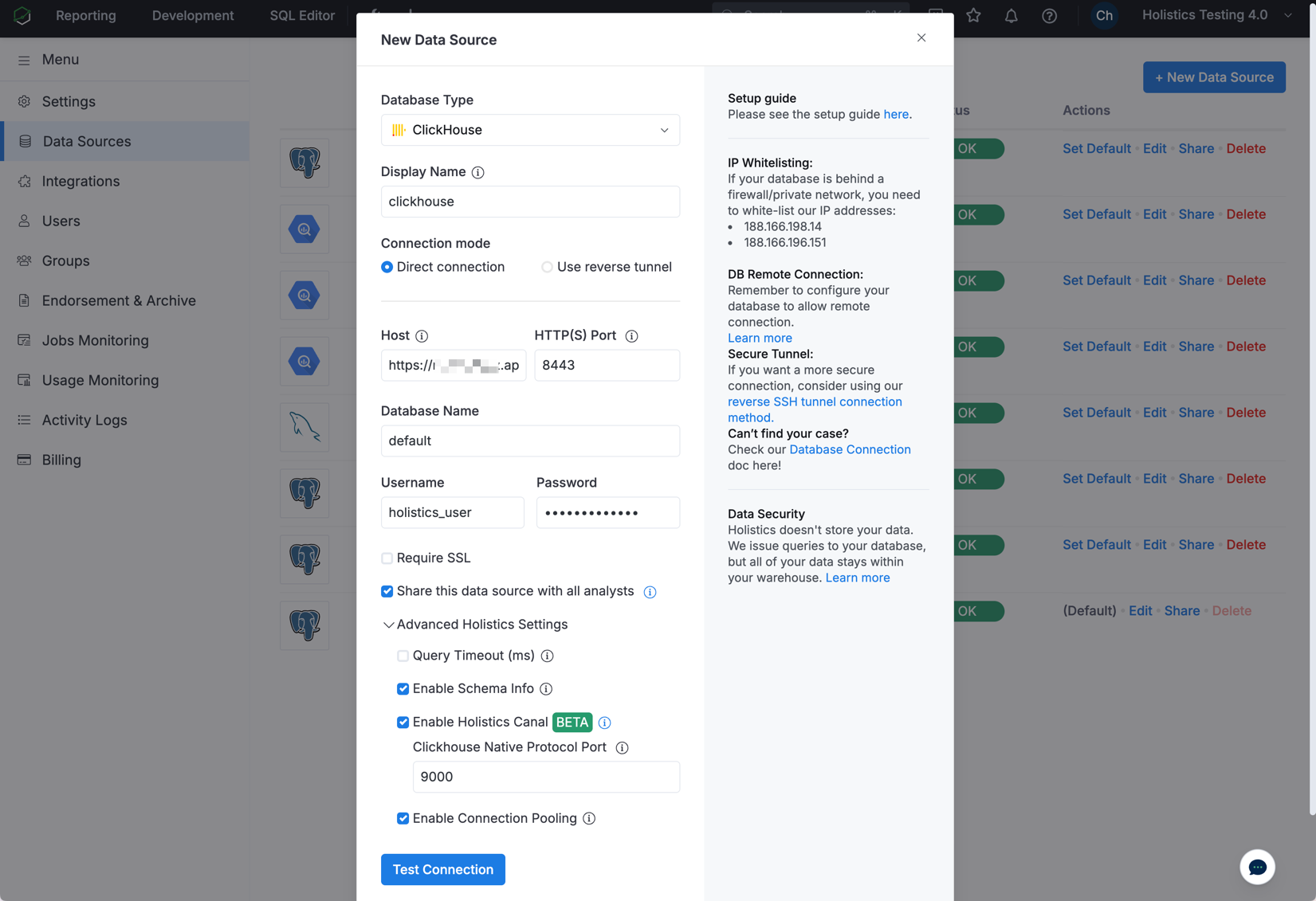 Заполнение параметров подк�лючения к ClickHouse в Holistics